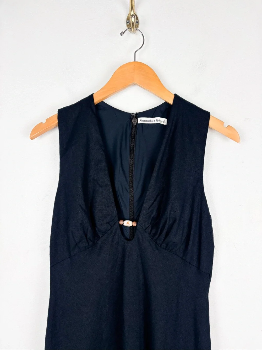 NWOT Abercrombie & Fitch Black Linen Beaded Plunge Neck Maxi Dress Sz S